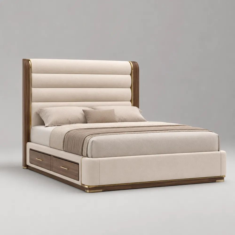 Letto matrimoniale contenitore rettangolare beige e noce con testiera imbottita e 2 cassetti laterali, per materasso 160 × 200 cm, dimensioni 180 × 220 × 155 cm