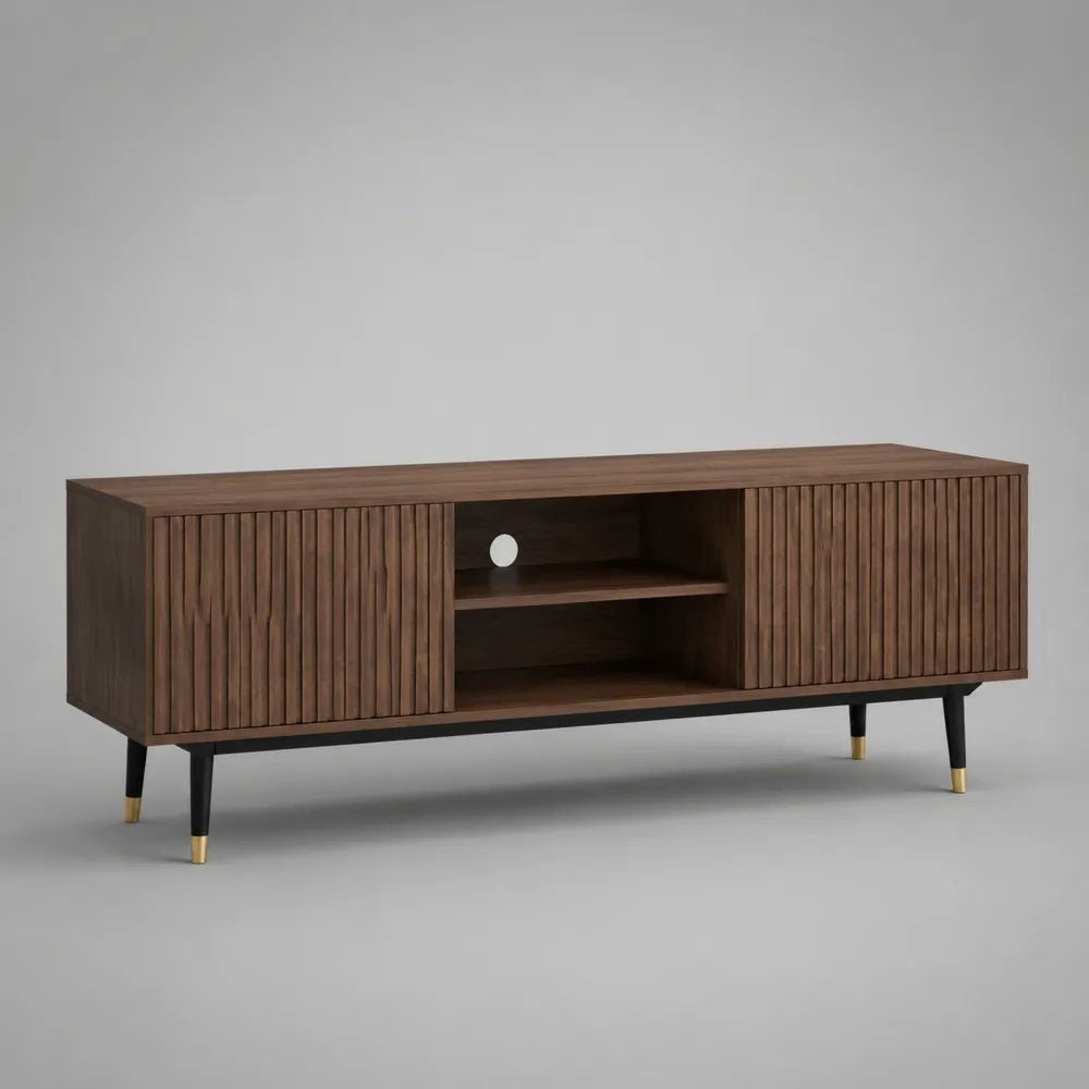 Mobile TV rettangolare in MDF impiallacciato noce marrone con 4 ante e 2 vani, 160 x 40 x 60 cm