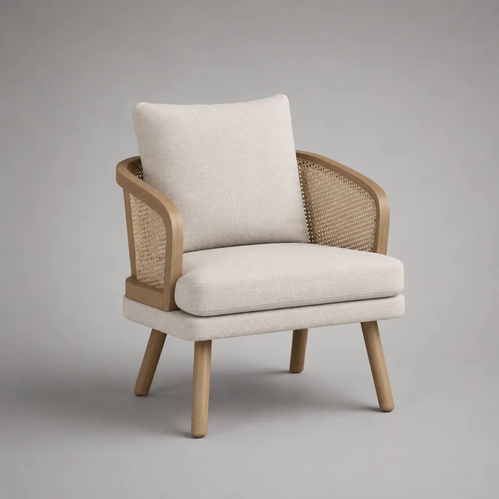 Poltrona da salotto in legno e rattan con cuscini beige, 76 x 78 x 83 cm