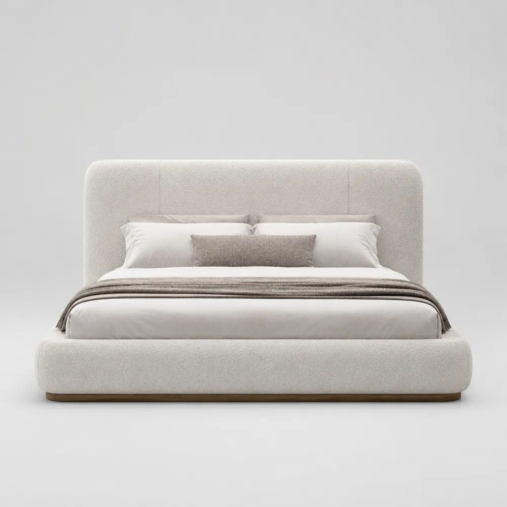 Letto matrimoniale contenitore 160 x 200 cm in tessuto bouclé avorio e marrone con testiera imbottita