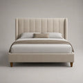 Letto matrimoniale contenitore 160 x 200 cm in tessuto beige con testiera alta imbottita e rete a doghe