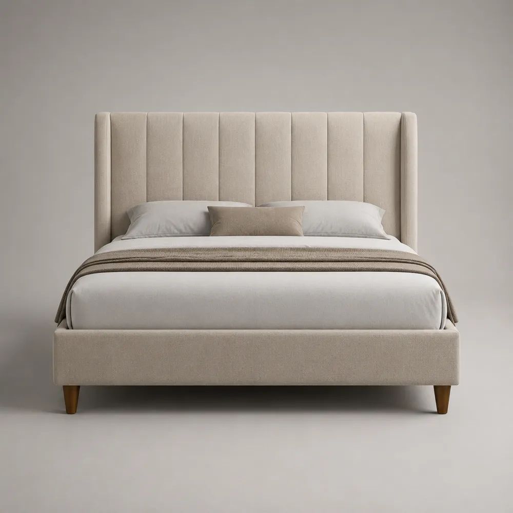 Letto matrimoniale contenitore 160 x 200 cm in tessuto beige con testiera alta imbottita e rete a doghe
