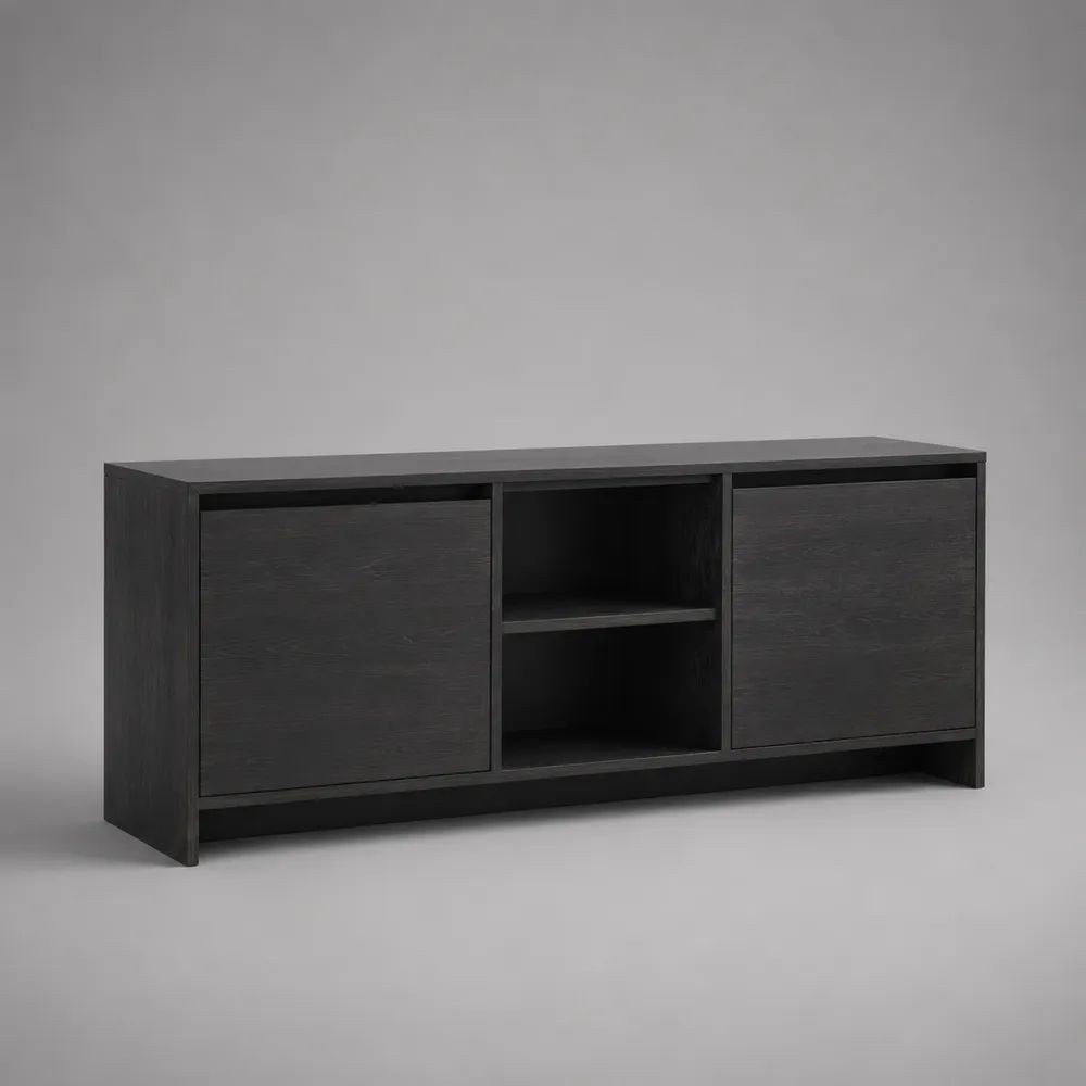 Mobile TV basso in MDF effetto rovere nero con 2 ante e 2 vani aperti, 150 x 40 x 70 cm
