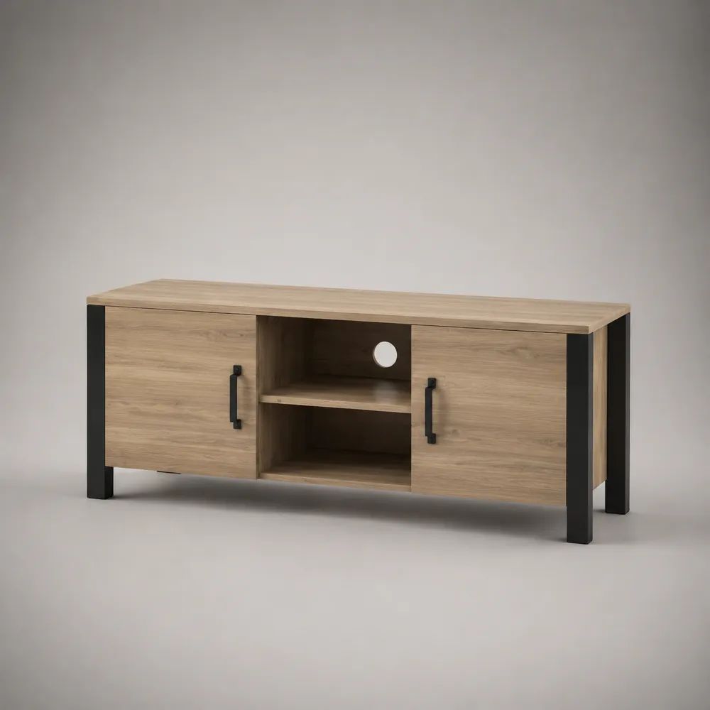 Mobile porta TV rettangolare in legno e metallo con 2 ante, 2 vani e passacavi, rovere naturale e nero, 140 × 40 × 60 cm