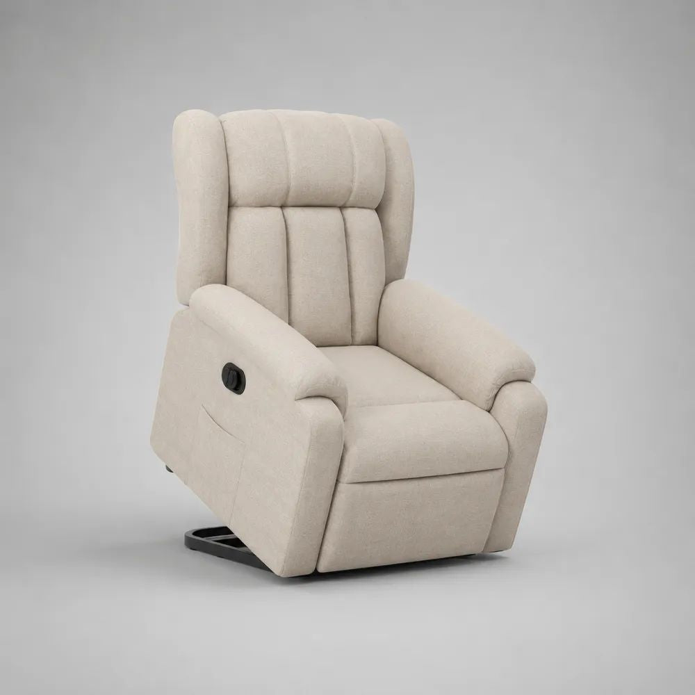 Poltrona reclinabile manuale in poliestere beige con schienale alto e poggiapiedi, 94 × 96 × 105 cm