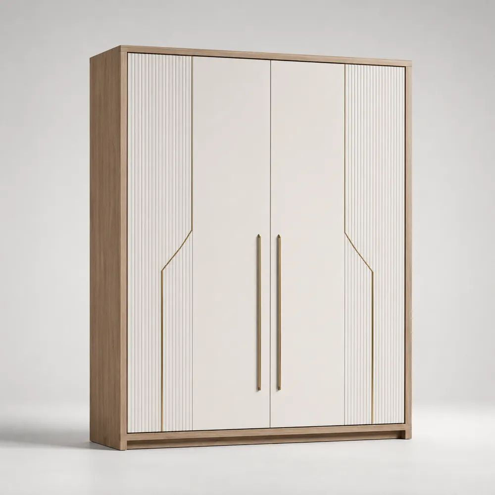 Armadio guardaroba rettangolare a 4 ante in legno e metallo, avorio e rovere chiaro, 180 × 55 × 210 cm