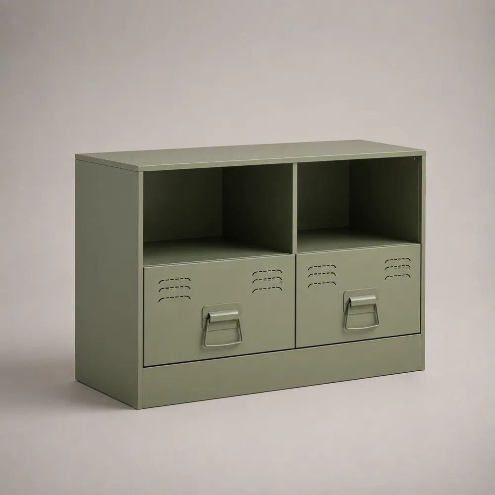 Mobile porta TV rettangolare in acciaio verde oliva con 2 cassetti e 2 vani aperti, 100 x 40 x 75 cm