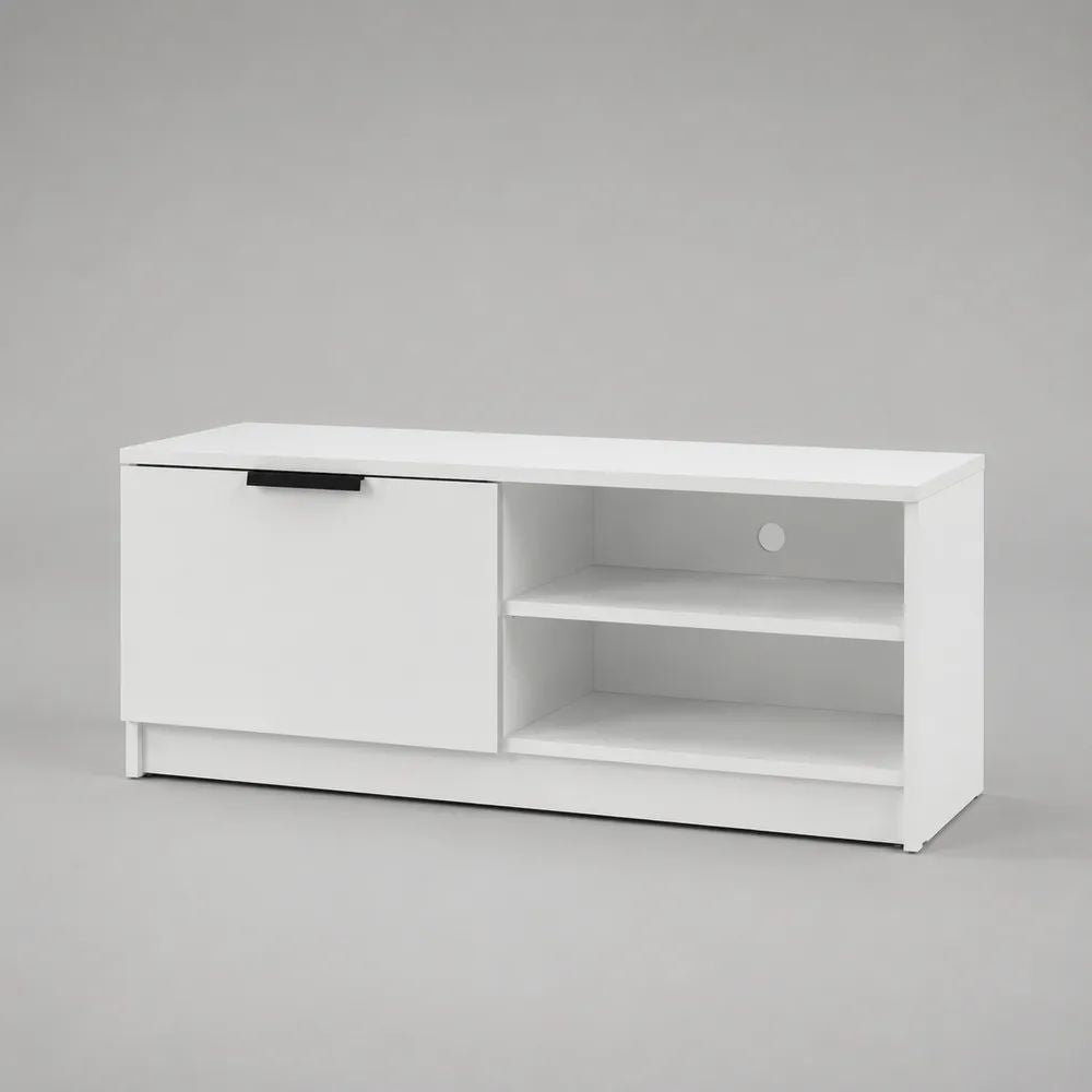 Mobile TV basso rettangolare in legno bianco con 1 anta, 2 vani aperti e passacavi, 120 × 40 × 60 cm