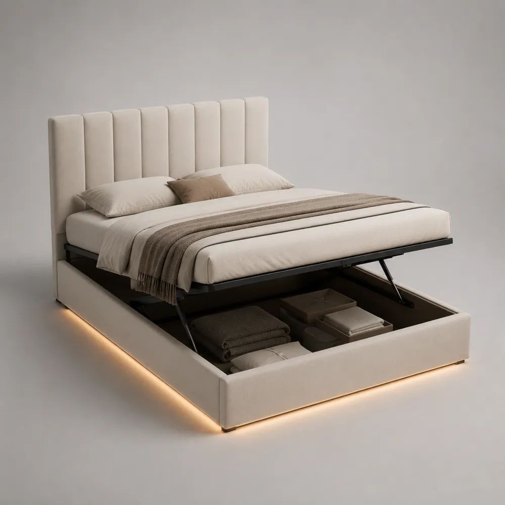 Letto matrimoniale contenitore 160 x 200 cm in poliestere crema con testiera imbottita e illuminazione LED