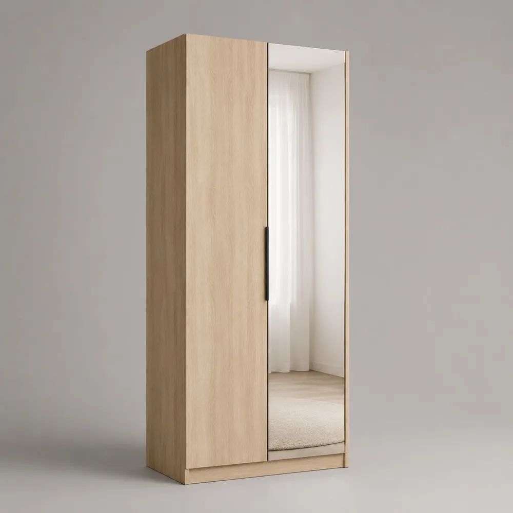 Armadio guardaroba rettangolare a 2 ante con specchio in pannello truciolare melaminico, rovere chiaro, 80 × 50 × 180 cm