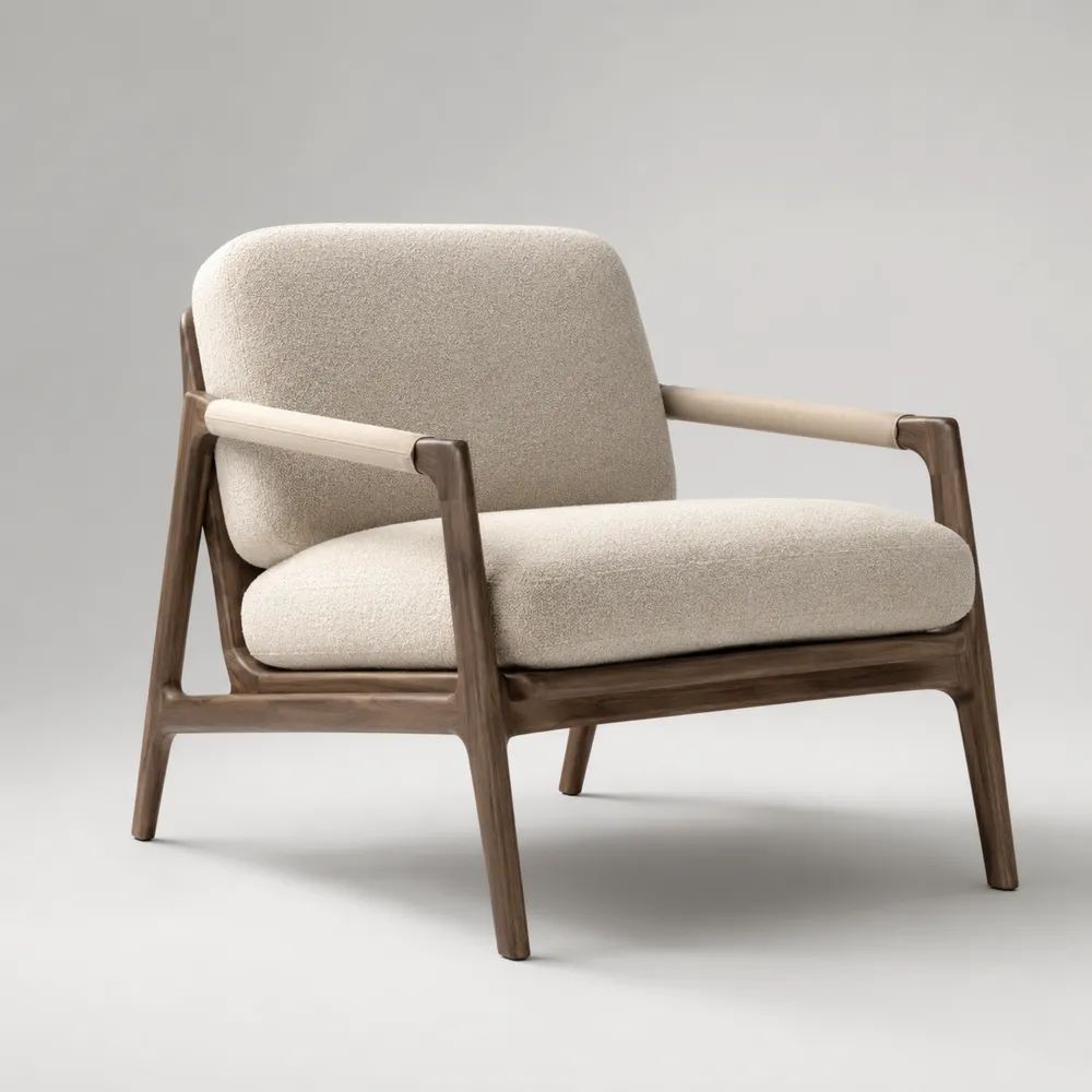Poltrona lounge in tessuto bouclé e legno massello, crema e marrone noce, 78 × 82 × 80 cm