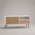 Mobile TV rettangolare in legno e MDF bianco e rovere naturale con ante scorrevoli, cassetto e vano aperto, 120 x 40 x 65 cm
