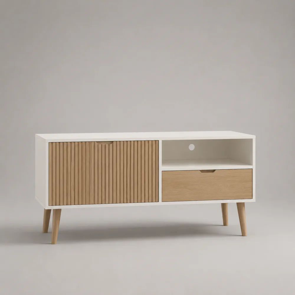 Mobile TV rettangolare in legno e MDF bianco e rovere naturale con ante scorrevoli, cassetto e vano aperto, 120 x 40 x 65 cm
