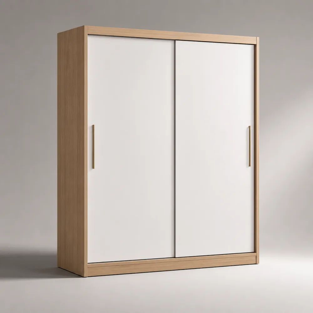 Armadio guardaroba rettangolare in truciolare melaminico con 2 ante scorrevoli, bianco e rovere chiaro, 120 x 55 x 180 cm