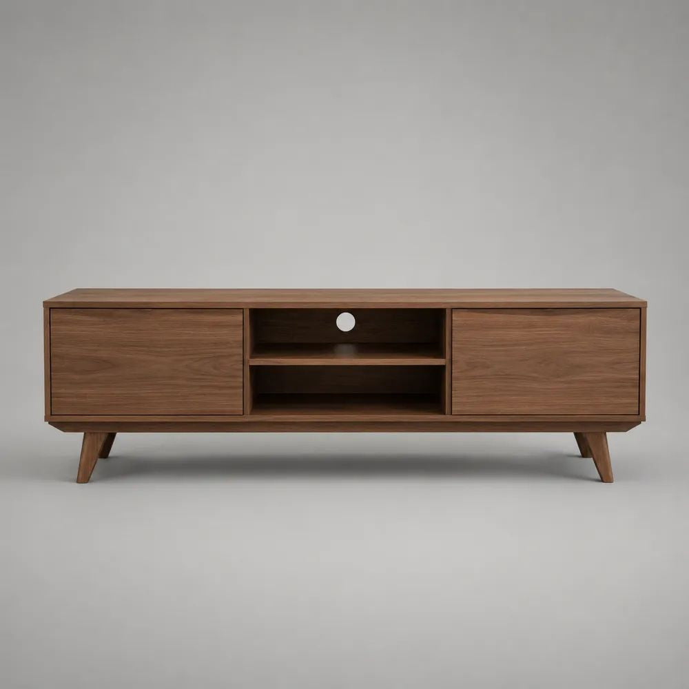 Mobile porta TV in MDF impiallacciato noce con 2 ante, 2 vani aperti e passacavi, marrone noce, 150 x 40 x 55 cm