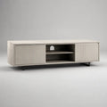 Mobile porta TV basso rettangolare in MDF laminato con 2 ante scorrevoli, ripiano e passacavi, 180 x 40 x 55 cm, beige e nero
