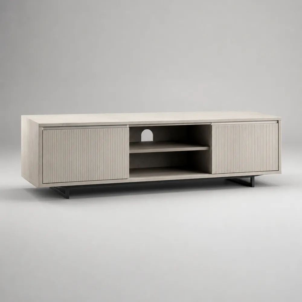 Mobile porta TV basso rettangolare in MDF laminato con 2 ante scorrevoli, ripiano e passacavi, 180 x 40 x 55 cm, beige e nero