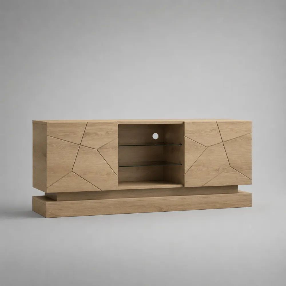 Mobile porta TV rettangolare in MDF impiallacciato rovere naturale con 2 ante e 2 ripiani in vetro, 180 x 45 x 75 cm