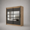 Armadio guardaroba a 2 ante scorrevoli con specchi e illuminazione LED, rovere naturale e antracite, 180 x 62 x 215 cm
