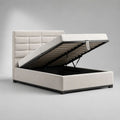 Letto matrimoniale contenitore 160 x 200 cm in poliestere beige con testiera imbottita, rete a doghe e apertura a pistoni, 173 x 215 x 115 cm