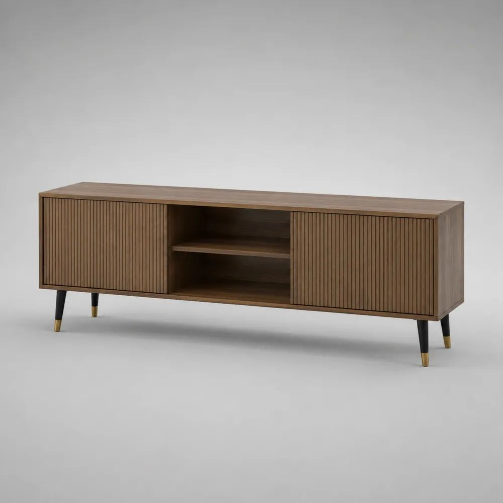 Mobile TV rettangolare in MDF impiallacciato noce con 2 ante scanalate e 2 vani aperti, marrone noce, 160 × 40 × 60 cm