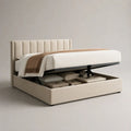 Letto matrimoniale contenitore 160 x 200 cm in tessuto beige con testiera imbottita e rete sollevabile, 176 x 214 x 110 cm