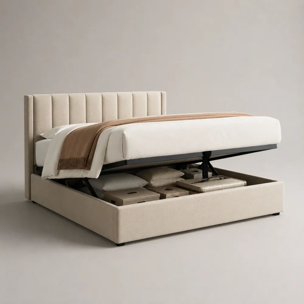 Letto matrimoniale contenitore 160 x 200 cm in tessuto beige con testiera imbottita e rete sollevabile, 176 x 214 x 110 cm