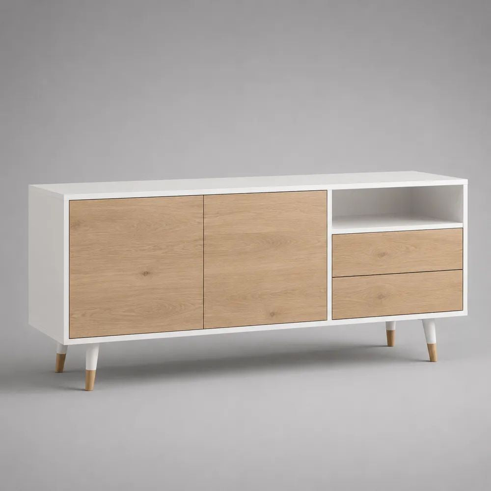 Mobile TV rettangolare in truciolare melaminico e MDF impiallacciato rovere con 2 ante, 2 cassetti e vano aperto, bianco e rovere naturale, 150 x 40 x 75 cm