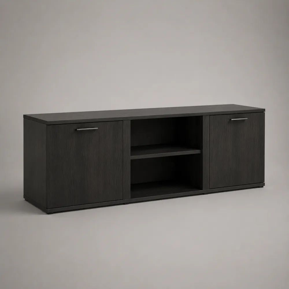 Mobile TV rettangolare in truciolare melaminico nero con 2 ante e 2 vani aperti, 160 x 40 x 60 cm