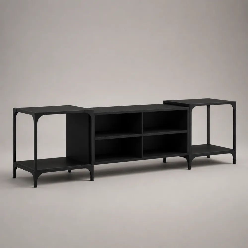 Mobile TV basso in acciaio nero con 4 vani e 2 ripiani laterali, 180 x 40 x 70 cm
