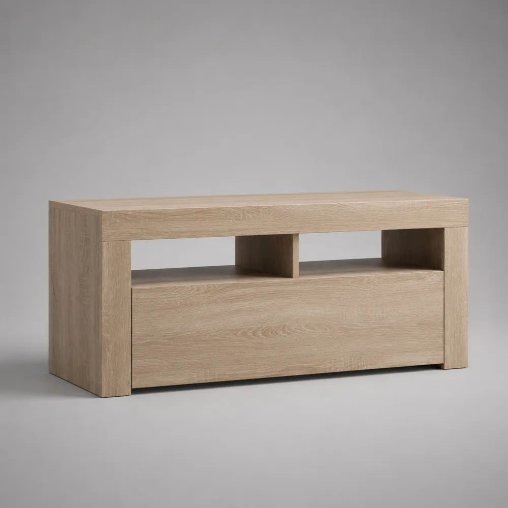 Mobile TV basso in truciolare melaminico rovere chiaro con vano chiuso e 2 vani aperti, 120 x 40 x 55 cm