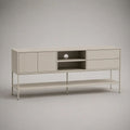 Mobile TV rettangolare in MDF laccato e acciaio, con 2 ante, 2 cassetti, vani aperti e passacavi, bianco avorio, 180 × 40 × 85 cm