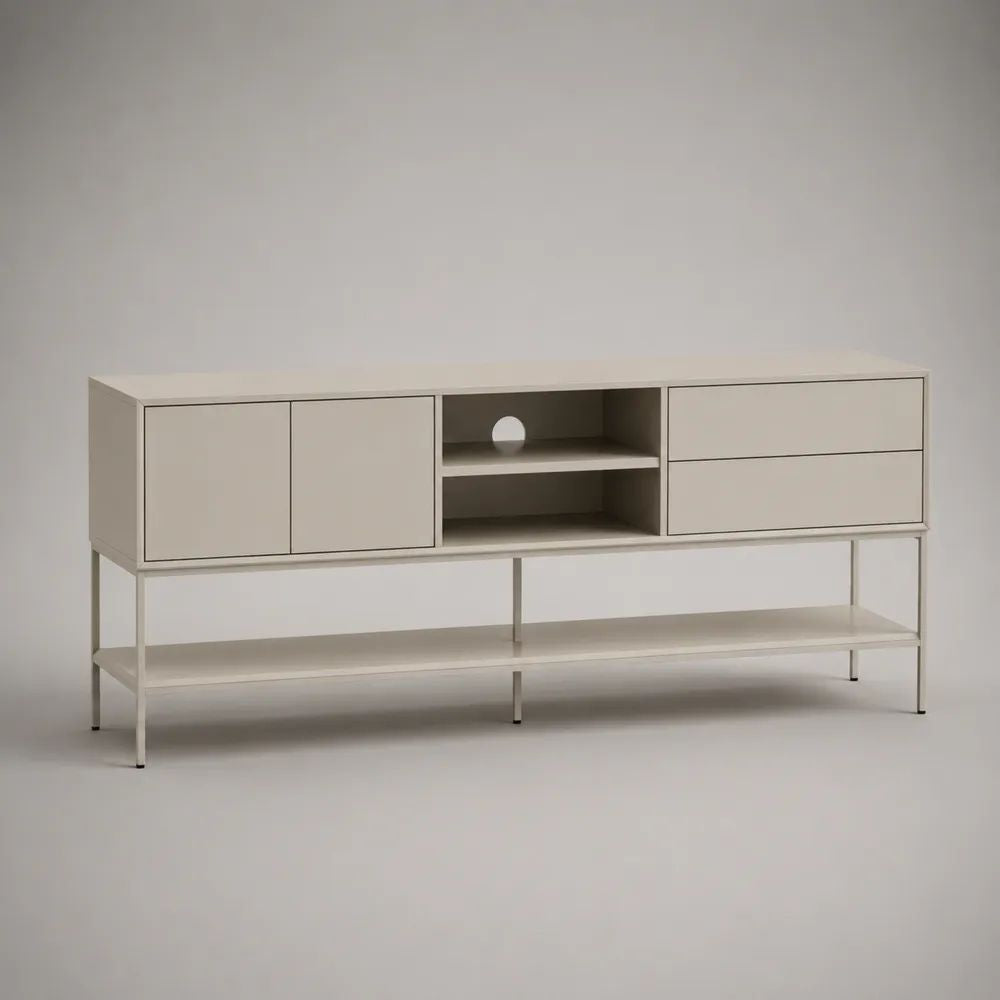 Mobile TV rettangolare in MDF laccato e acciaio, con 2 ante, 2 cassetti, vani aperti e passacavi, bianco avorio, 180 × 40 × 85 cm
