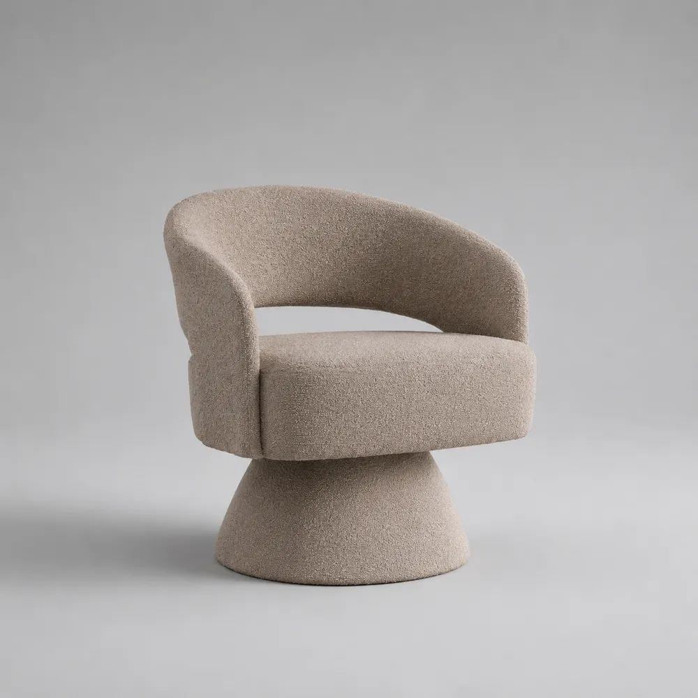 Poltrona girevole in tessuto bouclé beige con base a piedistallo, 72 x 70 x 77 cm