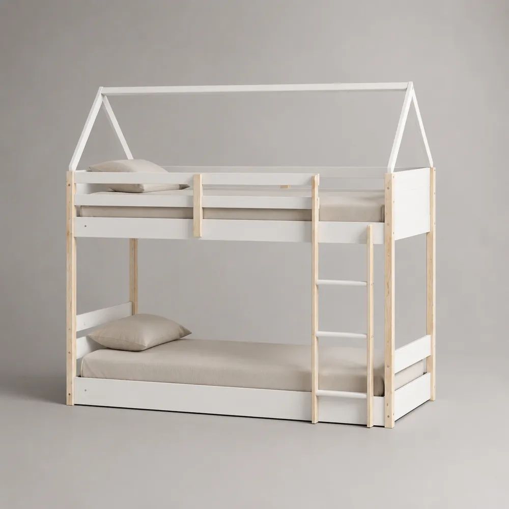 Letto a castello per bambini in legno 90 x 200 cm, bianco e naturale, con struttura a casetta e scala