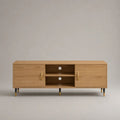 Mobile TV basso rettangolare in legno con 2 ante e 2 vani aperti, 160 x 40 x 60 cm, rovere naturale, nero e ottone
