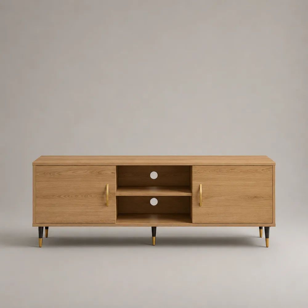 Mobile TV basso rettangolare in legno con 2 ante e 2 vani aperti, 160 x 40 x 60 cm, rovere naturale, nero e ottone