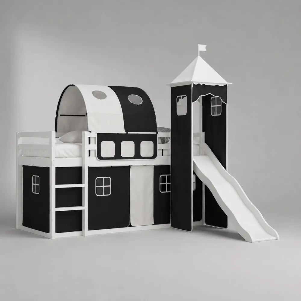 Letto a soppalco per bambini 90 x 200 cm in legno e MDF con scivolo, torre, tunnel e tende, 250 x 210 x 235 cm, bianco e nero