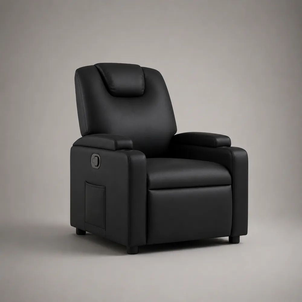Poltrona reclinabile manuale in similpelle nera con poggiapiedi e poggiatesta, 76 x 90 x 105 cm