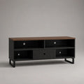 Mobile porta TV rettangolare in legno e acciaio con anta scanalata e passacavi, nero e noce, 120 x 40 x 65 cm