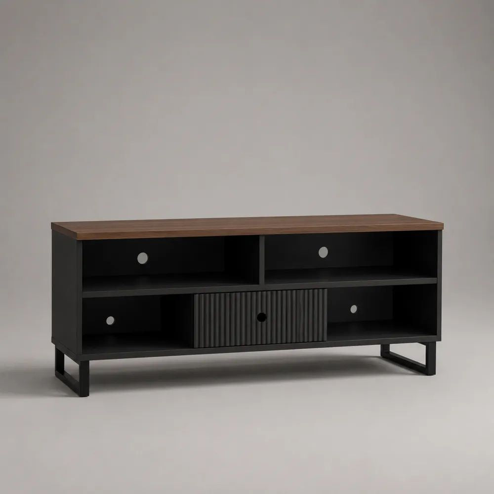 Mobile porta TV rettangolare in legno e acciaio con anta scanalata e passacavi, nero e noce, 120 x 40 x 65 cm