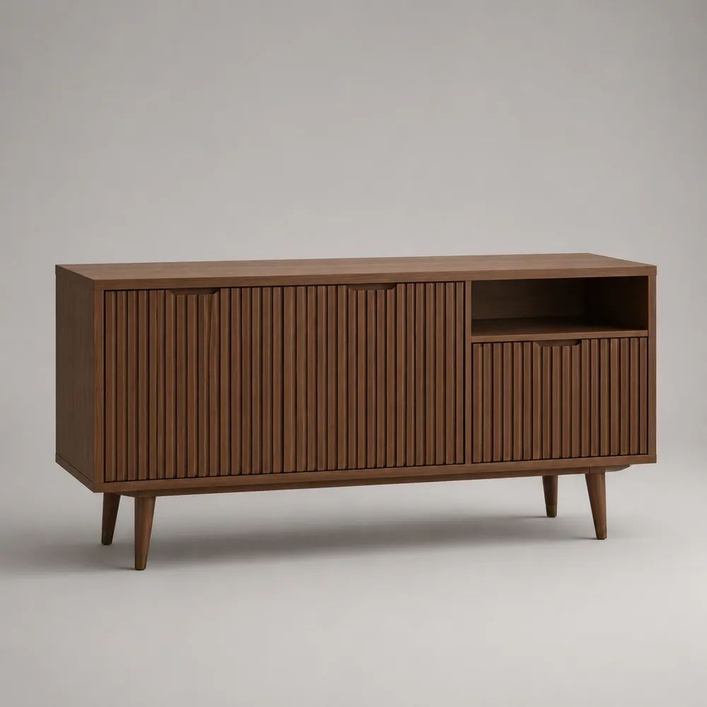 Mobile porta TV rettangolare in legno con 4 ante scanalate e vano aperto, marrone noce e oro, 150 x 40 x 75 cm