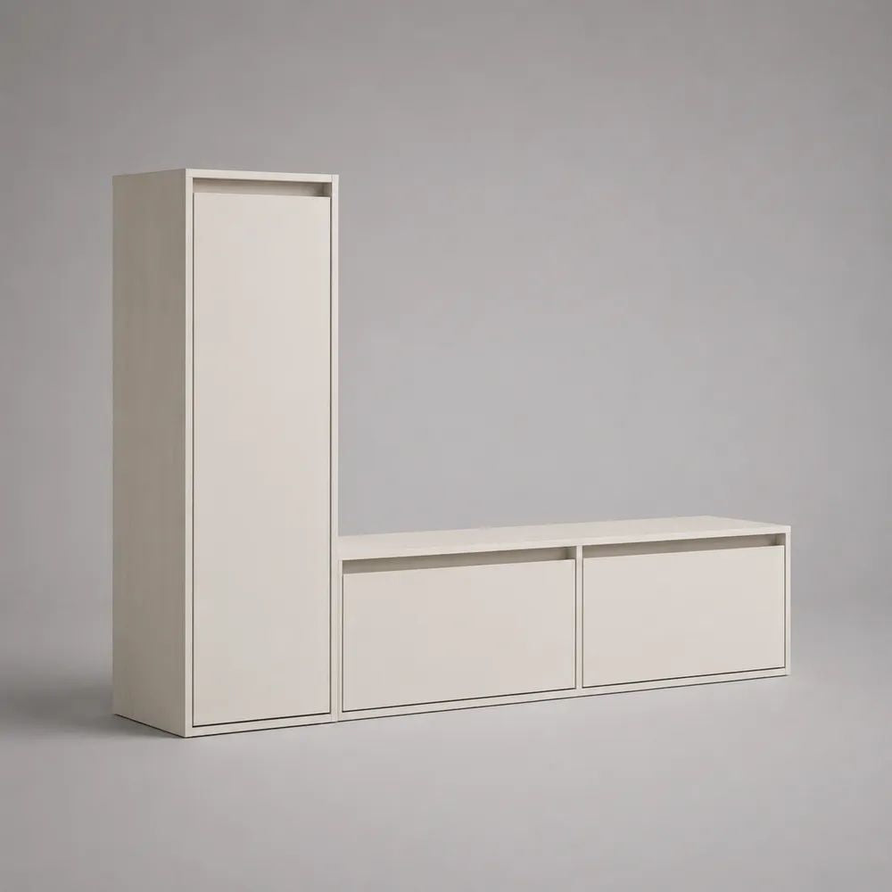 Mobile TV con colonna e 3 vani chiusi in truciolare melaminico bianco, 180 × 40 × 150 cm