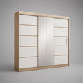 Armadio guardaroba rettangolare a 4 ante scorrevoli con 2 specchi, in legno, metallo e vetro, rovere chiaro e bianco, 200 × 60 × 215 cm