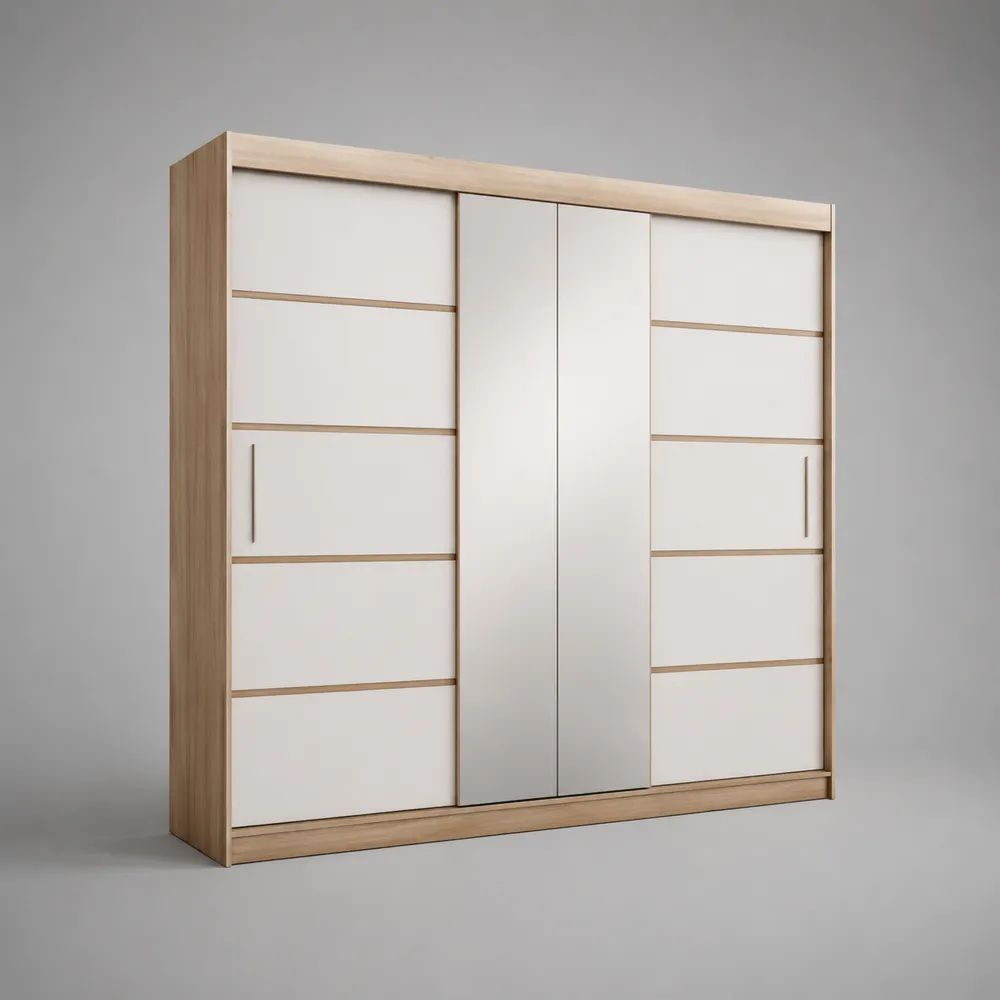 Armadio guardaroba rettangolare a 4 ante scorrevoli con 2 specchi, in legno, metallo e vetro, rovere chiaro e bianco, 200 × 60 × 215 cm