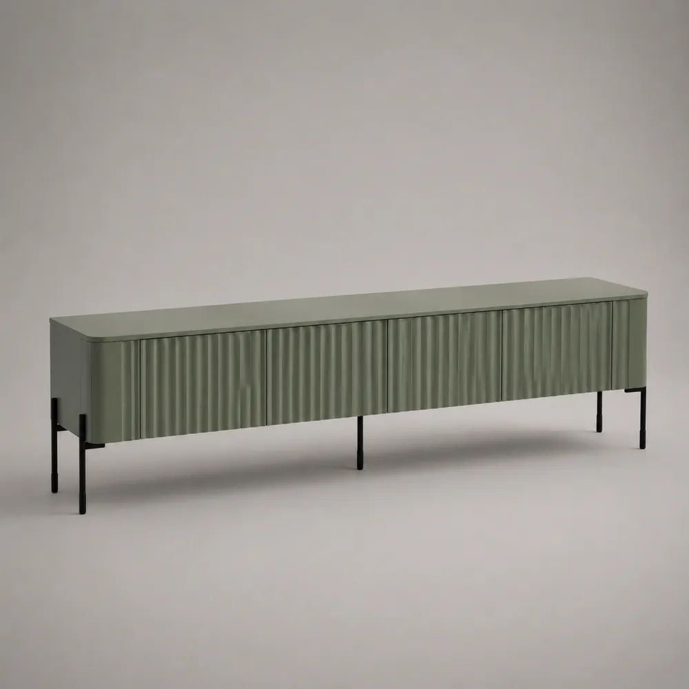 Mobile TV verde salvia in MDF scanalato con 4 ante e gambe in acciaio nero, 180 x 40 x 55 cm