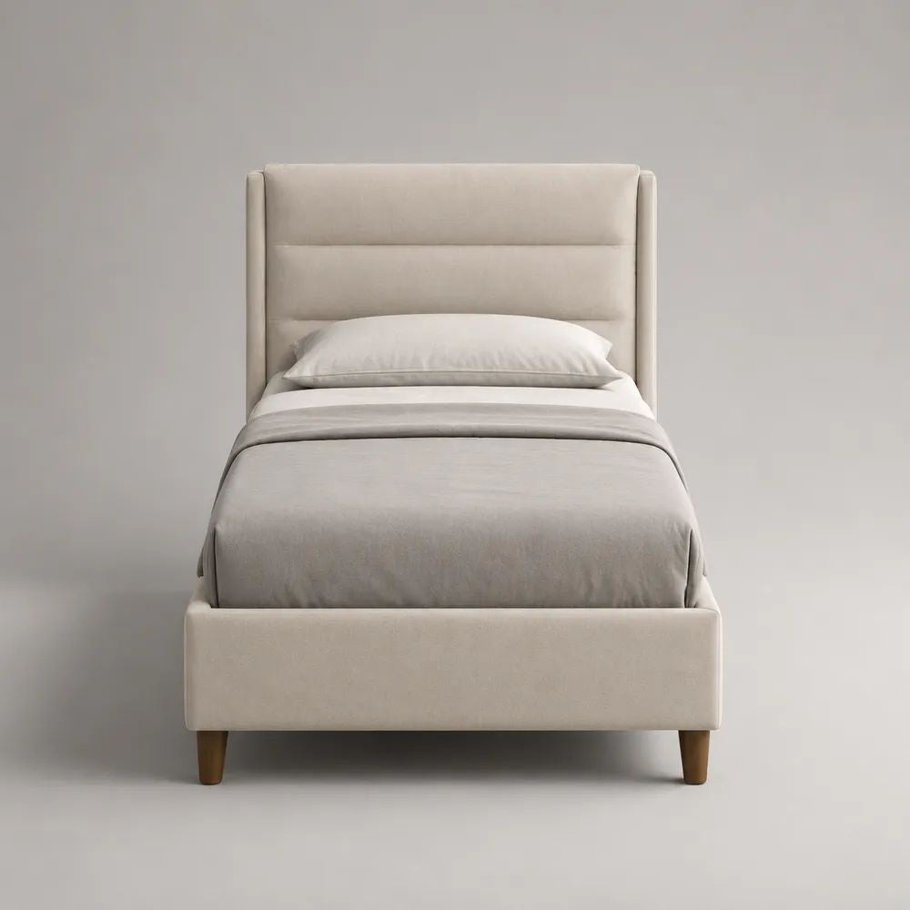 Letto singolo contenitore 90 x 200 cm in tessuto beige con testiera imbottita, 105 x 215 x 120 cm