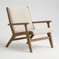 Poltrona relax in legno massello e tessuto bouclé bianco crema con braccioli, 72 × 78 × 83 cm