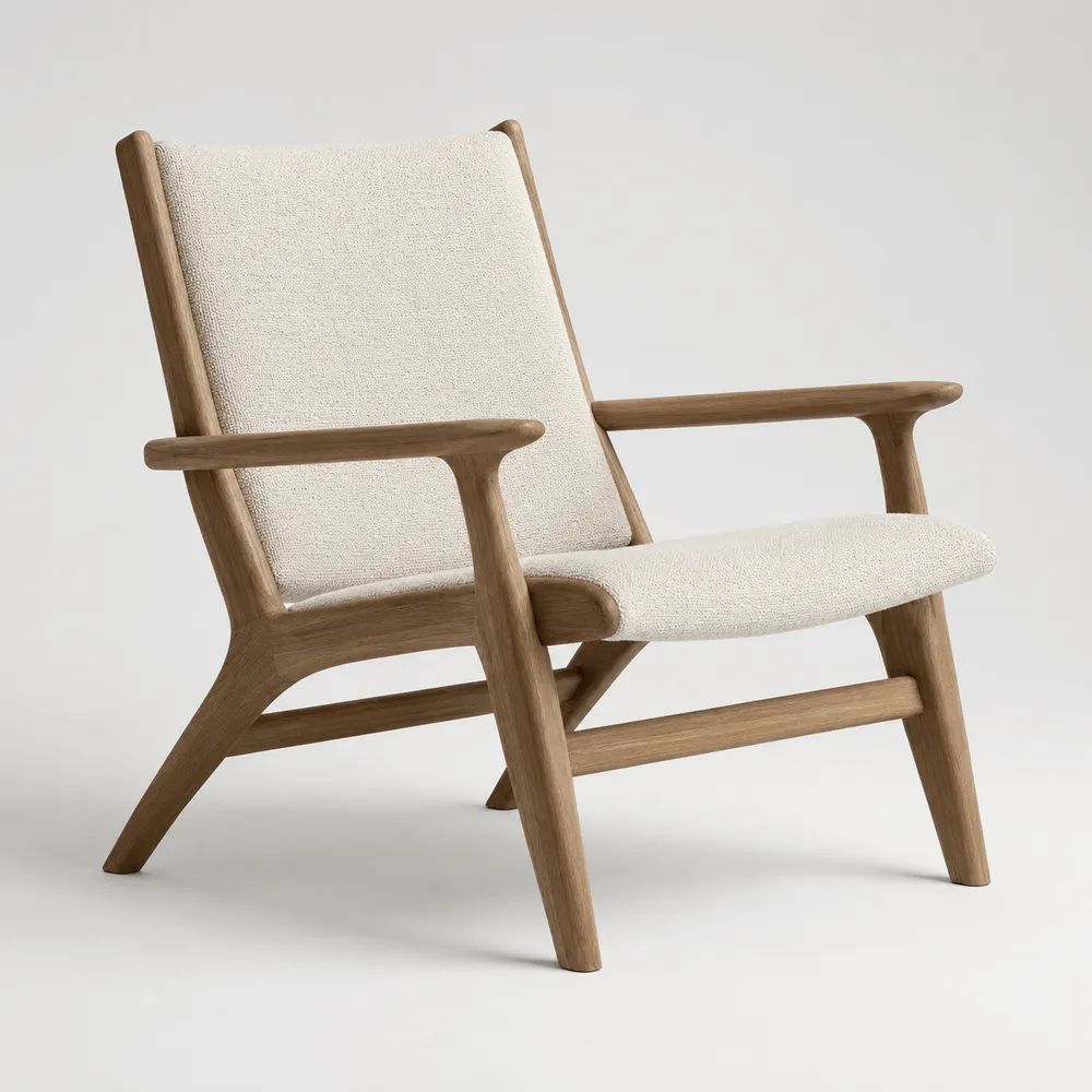 Poltrona relax in legno massello e tessuto bouclé bianco crema con braccioli, 72 × 78 × 83 cm