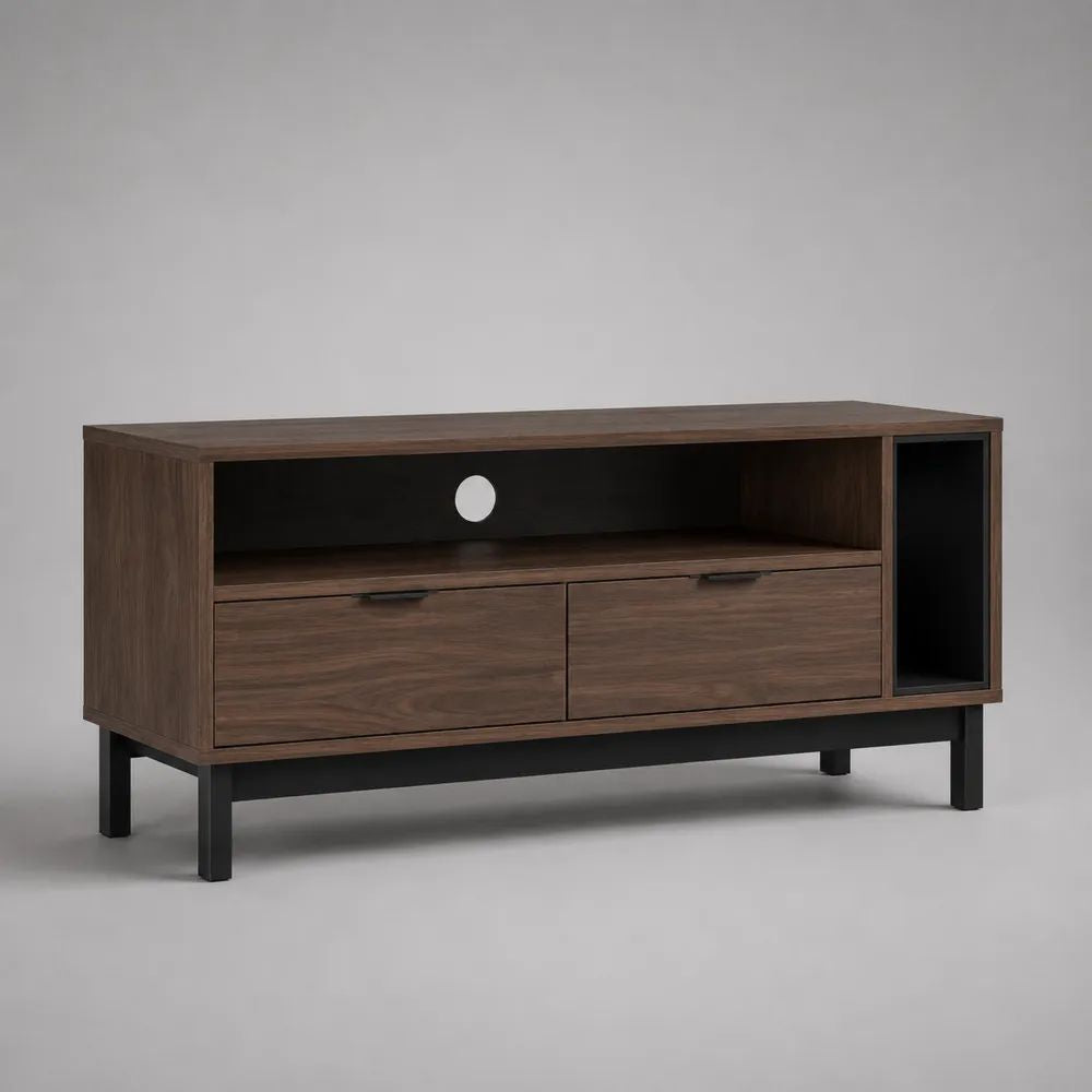 Mobile TV rettangolare in pannello truciolare e acciaio, noce scuro e nero, 120 × 40 × 65 cm